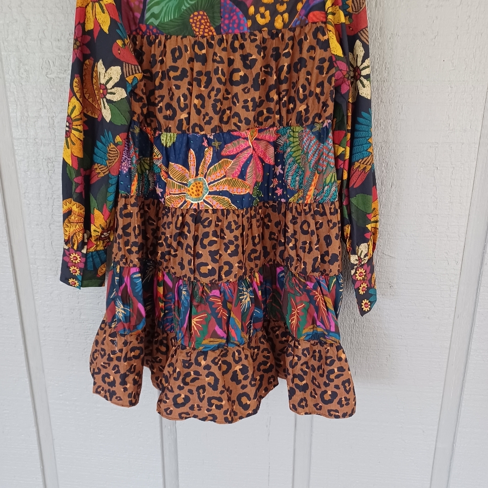 Farm Rio Mixed Black Print Mini Dress Size S Women Cotton Floral Leopard Tiered - Picture 8 of 14
